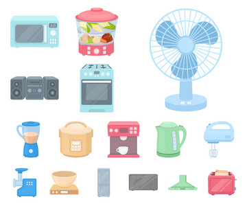 家用電器的類型黑色圖標(biāo)集合中的設(shè)計(jì)。廚房設(shè)備矢量符號庫存 web 插圖